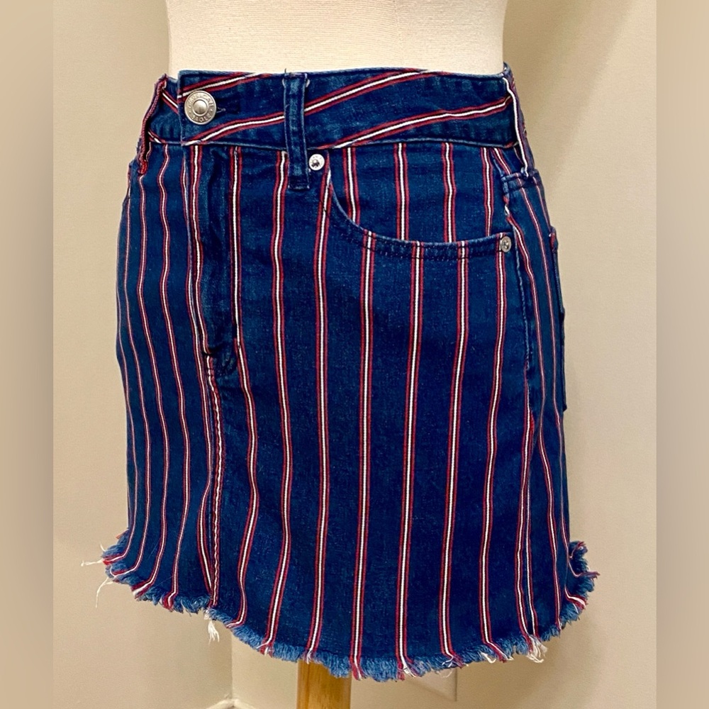 America Eagle Super Stretch Blue Red Striped 6 Americana Denim Mini Jean Skirt - Picture 5 of 12